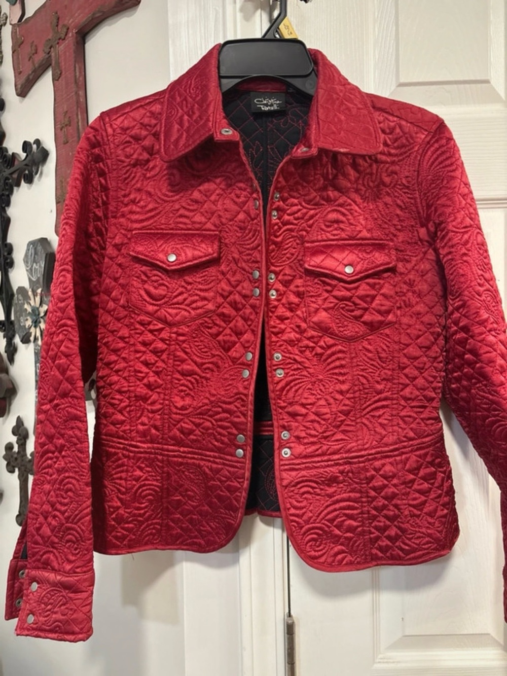 Christina Rotelli Quilted Red Snap-Front Utility Jacket, size M